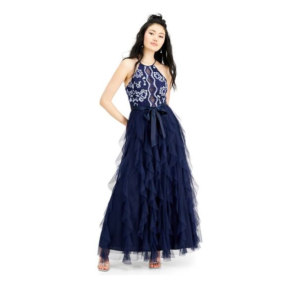TEEZE ME Dresses & Skirts - TEEZE ME Womens Layered Full-Length Dress Navy Sleeveless Formal Juniors 1\2